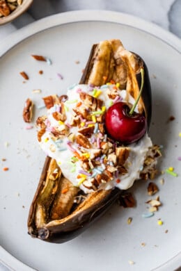 Air Fryer Banana with yogurt, cherry and sprinkles