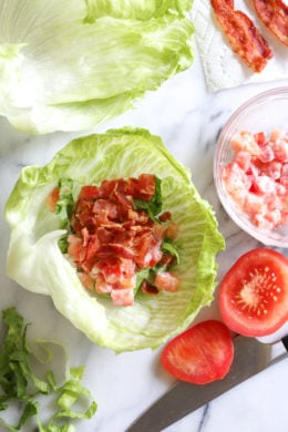 Skip the bread and enjoy all the flavors you love in a BLT, without all the carbs in these easy lettuce wraps! So easy and seriously satisfies my BLT cravings. Add some avocado if you wish!