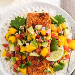 Chili-Lime Air Fryer Salmon topped with salsa