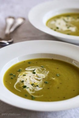 Cream of asparagus with the addition of leeks, a relative of onions, scallions and shallots, topped with a dollop of creme fraiche makes this one of my favorite Spring soups.