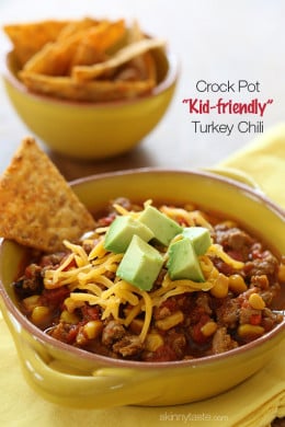 This CrockPot turkey chili recipe is just for the kiddos (or picky family members)! A kid-friendly chili with ground turkey, corn, bell pepper, tomatoes and spices. Serve it with some chips on the side for the perfect back to school lunch.