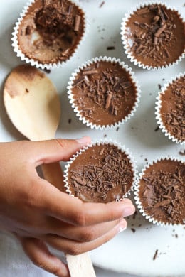 Delicious and creamy chocolate cheesecake made lighter than traditional cheesecake with just FIVE ingredients, so easy! These are SO good you won't be able to have just one... but since they are mini, two are totally acceptable!