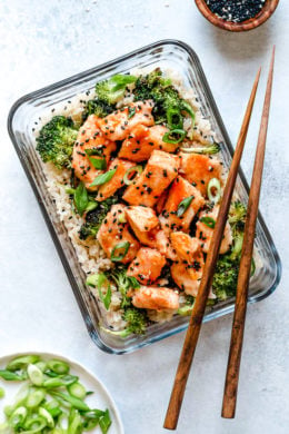 This easy meal-prep honey-sriracha chicken dish, which can also be served as a main dish, is made on a sheet pan and comes together quick!