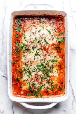 This Lighter Eggplant Parmesan is one of my favorite ways to eat eggplant. No breading, just eggplant, cheese and marinara.