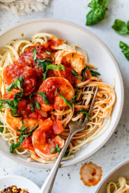 Shrimp Fra Diavolo over linguini