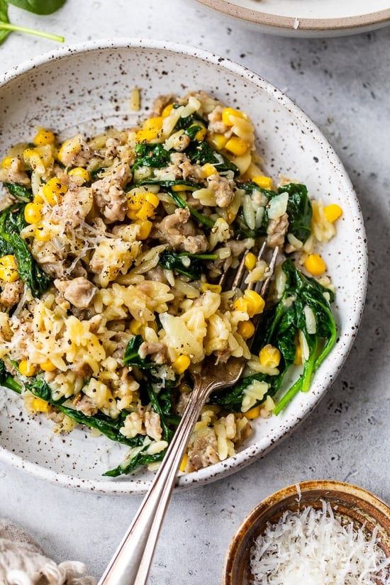 Orzo with Italian Sausage, Corn and Spinach