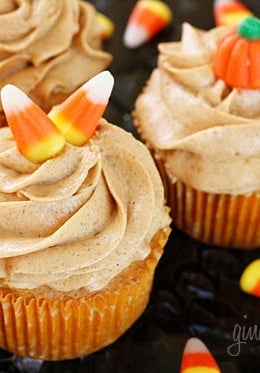 Skinny pumpkin cupcakes, perfect for Halloween parties, Thanksgiving or anytime you want a low fat pumpkin treat.