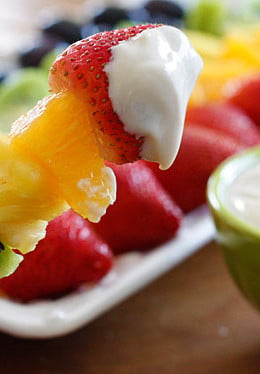 Rainbow Fruit Skewers with Yogurt Fruit Dip – A healthy snack or dessert for kids and adults alike!