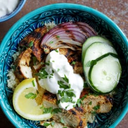 Shawarma-Spiced Grilled Chicken with Garlic Yogurt – an easy, grilled chicken version of the classic Turkish street food which is usually cooked on a rotating spit.