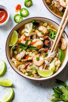 Shrimp Pho with chopsticks