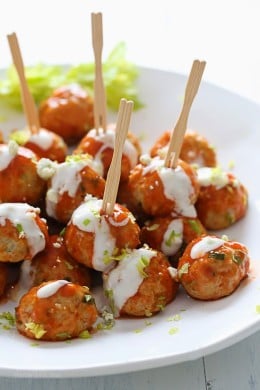 Buffalo Chicken Meatballs with toothpicks