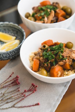 Chicken, prunes, olives, carrots, onions, garlic and ginger are slow-cooked with Moroccan spices to create a flavorful and fragrant dish that you’ll want to make again and again. Serve it over whole-wheat couscous (or cauliflower rice for a low-carb option) with lemon wedges, fresh cilantro, or some chopped pistachios or almonds for a complete meal.  