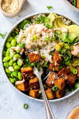 Tofu Poke Bowl with edamame and avocado