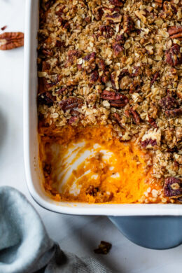 Vanilla Sweet Potato Casserole with Praline Topping