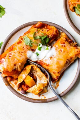 Easy vegetarian enchiladas made with butternut squash and black beans, smothered with enchilada sauce and cheese, then baked in the oven. A delicious recipe that's perfect for meatless Mondays!