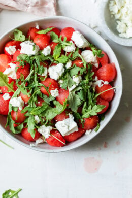 bowl with watermelon, feta and arugula